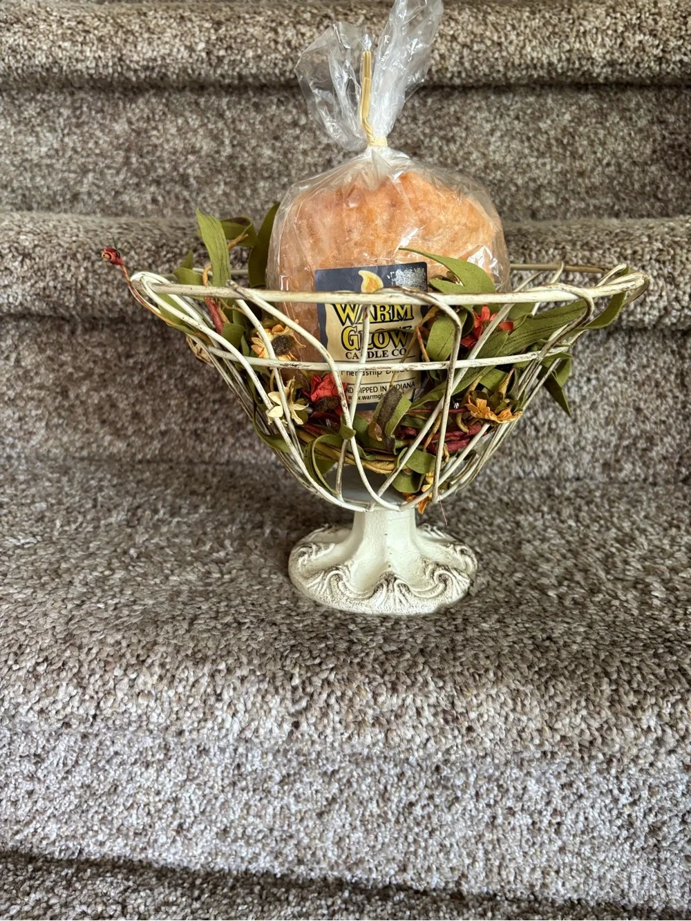 Orange Decorative Candle in Ivory Wire Pedestal Bowl